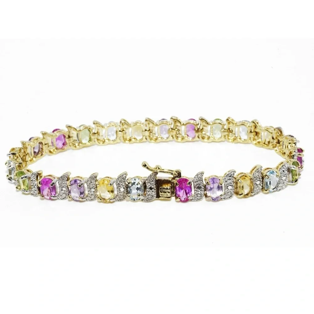 18K Yellow Gold over S/S, Gemstones 12.00CTW, Oval Bracelet w/Diamond Accent - Picture 10 of 13